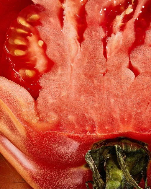 A close-up captures the vibrant textures of a halved tomato, its red flesh and yellow seeds illuminated in soft light, showcasing natural detail.