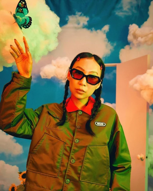 Portrait of a woman with braids, wearing red sunglasses and an olive green jacket, posing with a butterfly against a cloudy backdrop.