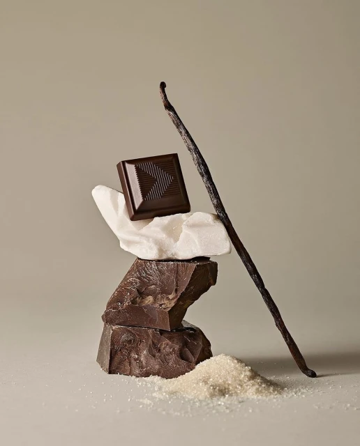 Arrangement of dark chocolate pieces, white chocolate chunks, sugar granules, and a vanilla bean are stacked against a neutral background.