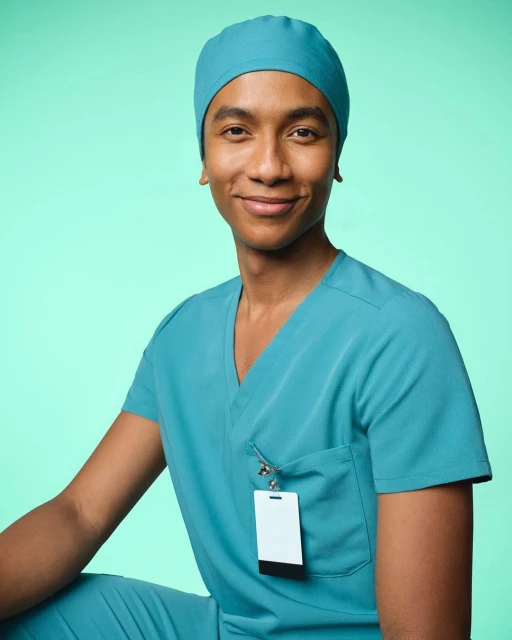 Close-up of a smiling adult male wearing turquoise surgical scrubs and cap against a teal backdrop. Medical professional portrait.