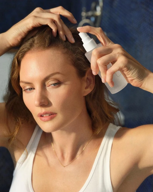 Adult female applying hair product. Close-up of woman with product bottle in hand, spraying hair in an indoor setting.