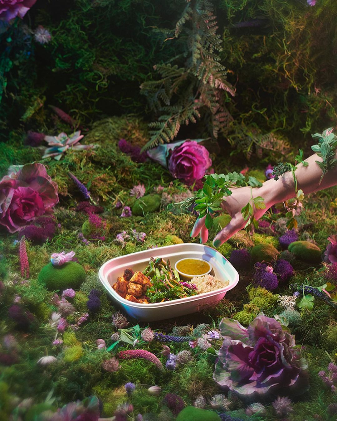 Overhead shot of a takeout container with food on a mossy surface decorated with roses and a woman's hand adorned with leaves.