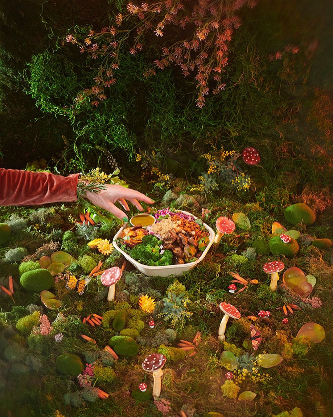 Overhead shot of salad bowl surrounded by moss, mushrooms, and greenery with a hand reaching for the dish in a whimsical outdoor scene.