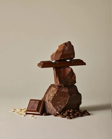 Studio shot of stacked dark chocolate pieces with coffee beans and oat flakes on a neutral background for food and beverage concept.
