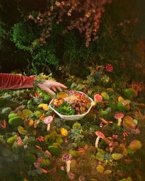 A hand reaching towards a bowl of salad surrounded by moss, small mushrooms, and forest flora.