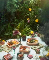 Overhead food photography of takeout bowls and glasses of wine set against a lush, mossy green wall backdrop.