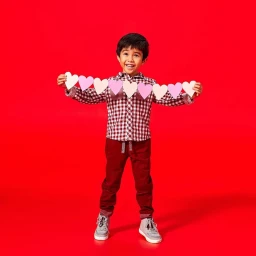 Young child holding a paper heart garland while standing against a solid red background