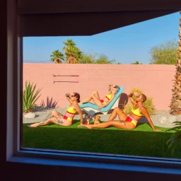 Three women in yellow and red bikinis posing with two small dogs on artificial grass against a pink wall, viewed through a window frame.