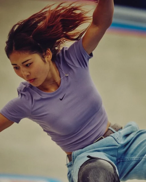 Athletic woman in motion with loose, red-brown hair, wearing a purple t-shirt with a Nike logo and light blue denim shorts, action shot.