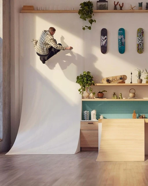 An adult male skateboarder crouches mid-air on a white ramp in an indoor room with plants and skateboards displayed on a shelf.