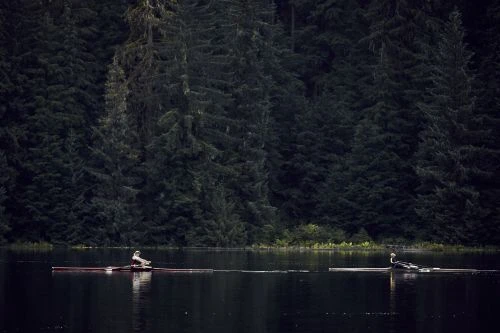 Two rowers in single scull boats row on a calm lake surrounded by a dense forest of evergreen trees in the background.