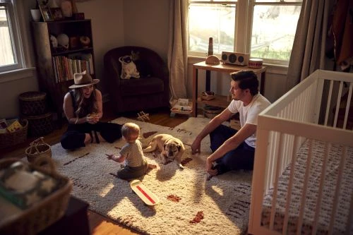 Indoor lifestyle scene with a family of three—mother, father, and child—sitting on a rug with their pug dog and a skateboard, bathed in natural light.