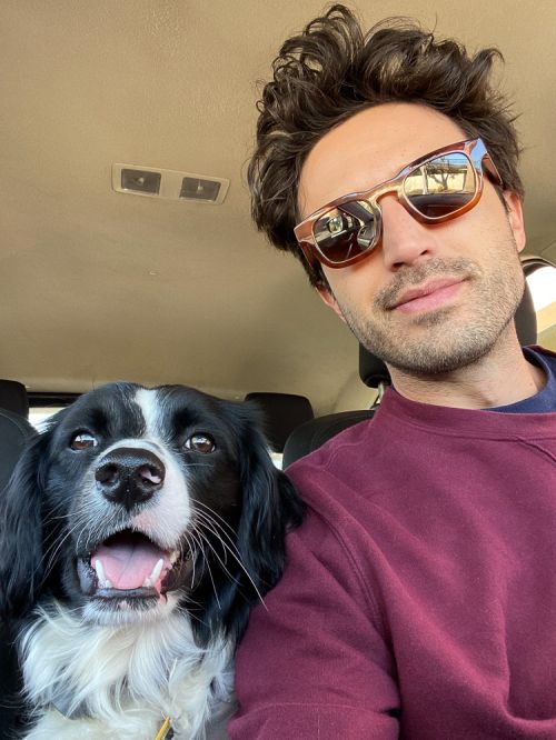 A person and a black and white border collie are smiling in the front seat of a car, both wearing happy expressions.