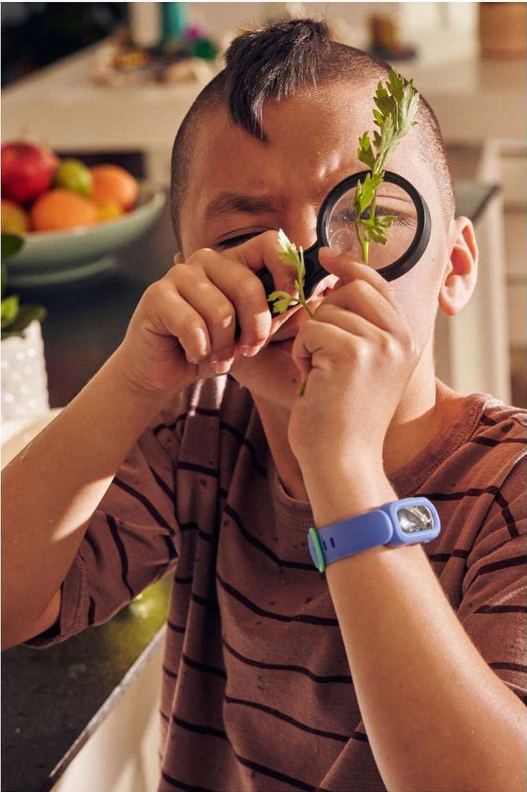 A child with a mohawk examines a leafy green plant through a magnifying glass indoors, wearing a striped shirt and a blue wristband.