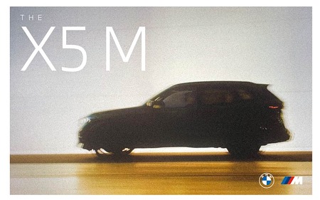 A dark-colored BMW X5 M car is driving on a road with motion blur effect, set against a light gray backdrop with the car's name.