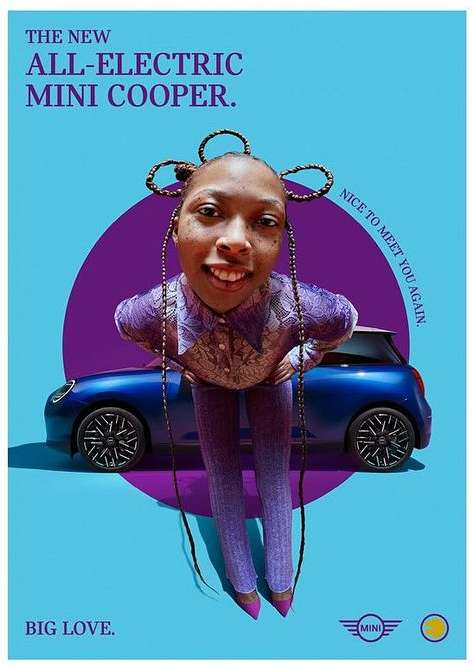 A woman with braided hair is next to a blue electric Mini Cooper against a background featuring purple and blue circular design elements.