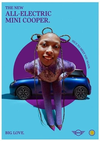 A woman with braided hair is next to a blue electric Mini Cooper against a background featuring purple and blue circular design elements.