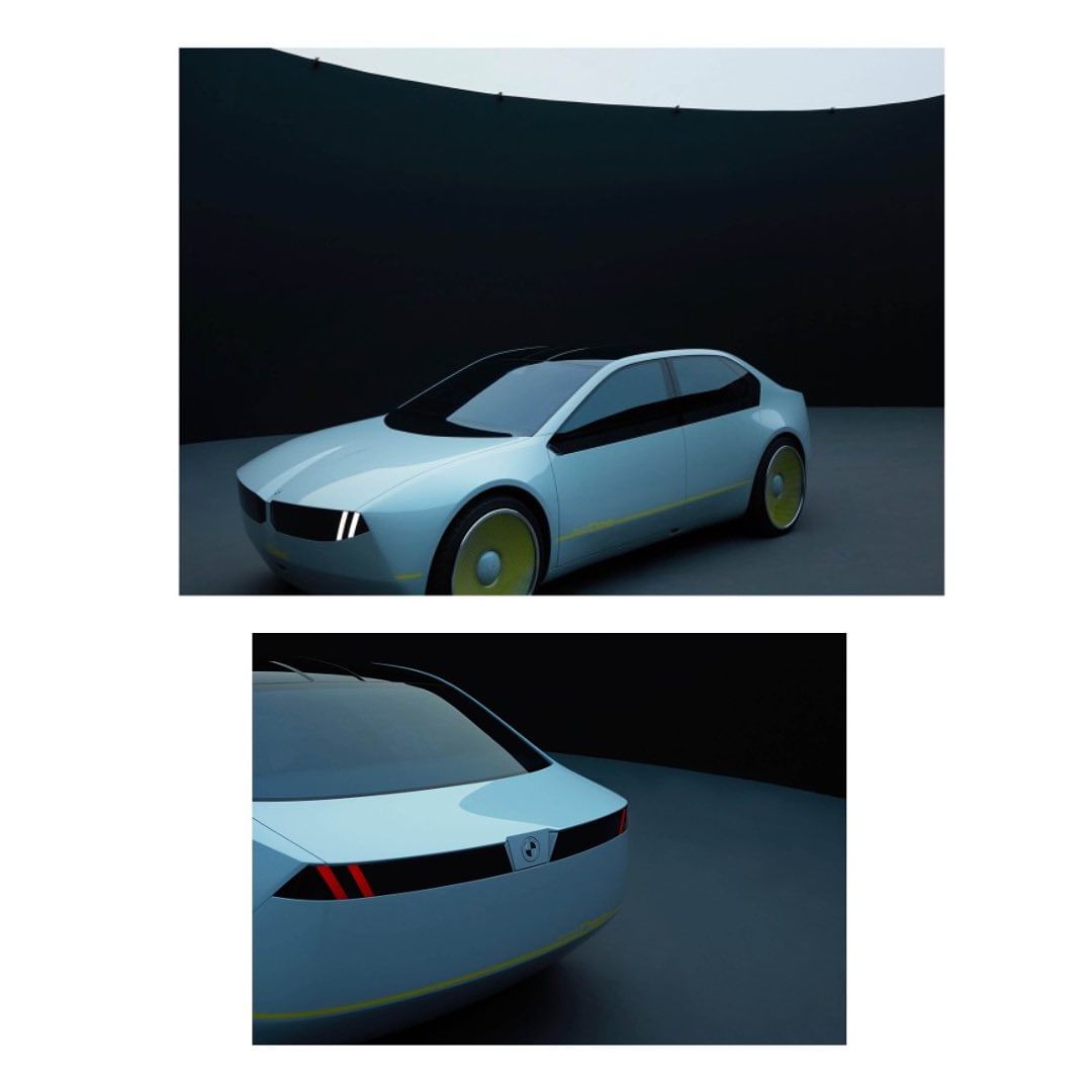 Two views of a light-blue BMW concept car are displayed against a dark background, showcasing the vehicle's design and sleek lines.