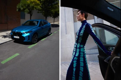 Split image showing a blue car parked on an asphalt street and a short-haired woman wearing a blue and turquoise patterned long-sleeve top.