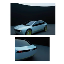 Split view of a modern light blue electric concept car on a dark studio floor against a dark curved backdrop.