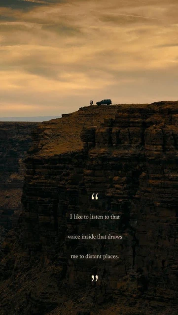 Two people stand near a vehicle atop a cliff, gazing at a dramatic, rocky landscape under a cloudy sky at dusk. Quotes overlay scene.