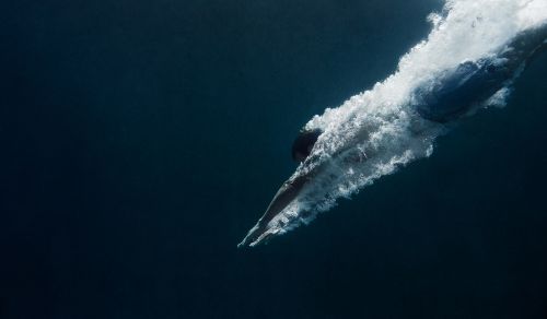 Underwater view of a person diving into dark water, creating bubbles and motion, capturing the dynamic moment and watery environment.