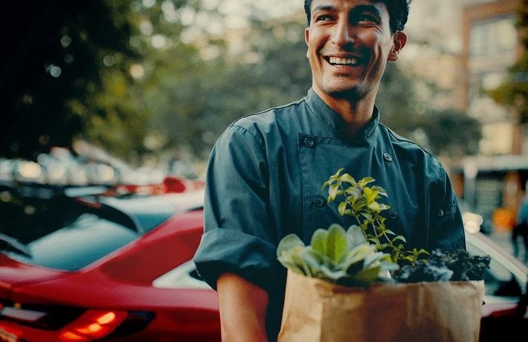 Smiling chef in a grey chef's jacket carries a brown paper bag filled with greens. Red car visible in the background in an urban setting.