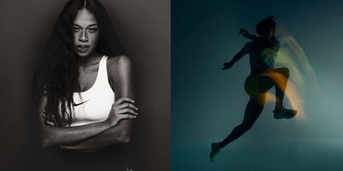 Athletic woman in a sports bra poses in monochrome next to an action shot of an athlete jumping and running in a smoky environment.