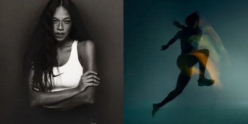 Athletic woman in a sports bra poses in monochrome next to an action shot of an athlete jumping and running in a smoky environment.