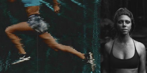 Digitally distorted image featuring an adult woman running and a contrasting black-and-white portrait; sport and visual effects combine.
