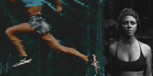 Digitally distorted image featuring an adult woman running and a contrasting black-and-white portrait; sport and visual effects combine.