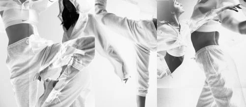 Multiple exposures show a woman in motion wearing a sports bra, hoodie, and sweatpants in a photo studio on a white background.