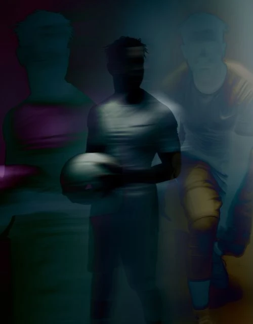 Man holding a ball with motion blur effect, enhanced with diffused lighting and teal and purple hues in a photo studio setting.