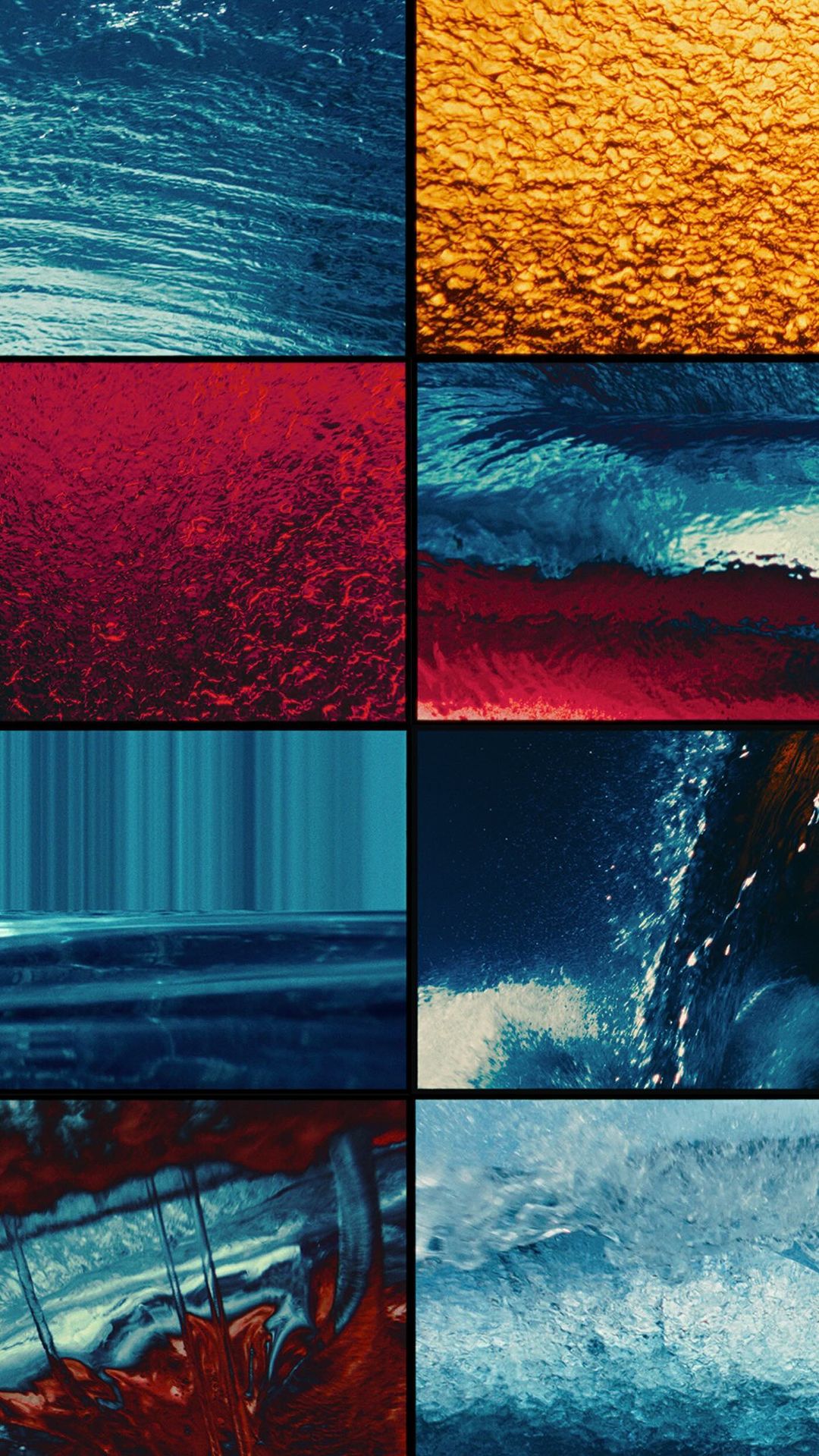 Abstract collage of blue, red, and gold water textures in eight panels. Variety of water patterns with close-up perspective.