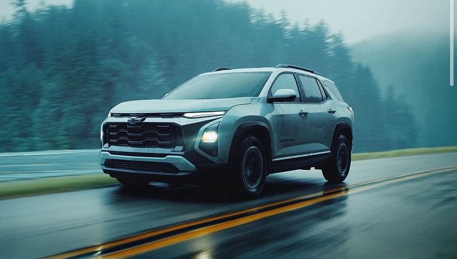 Silver Chevrolet Blazer EV driving on a wet road with a forested background under an overcast sky. Automotive product shot.
