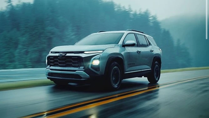 Silver Chevrolet Blazer EV driving on a wet road with a forested background under an overcast sky. Automotive product shot.