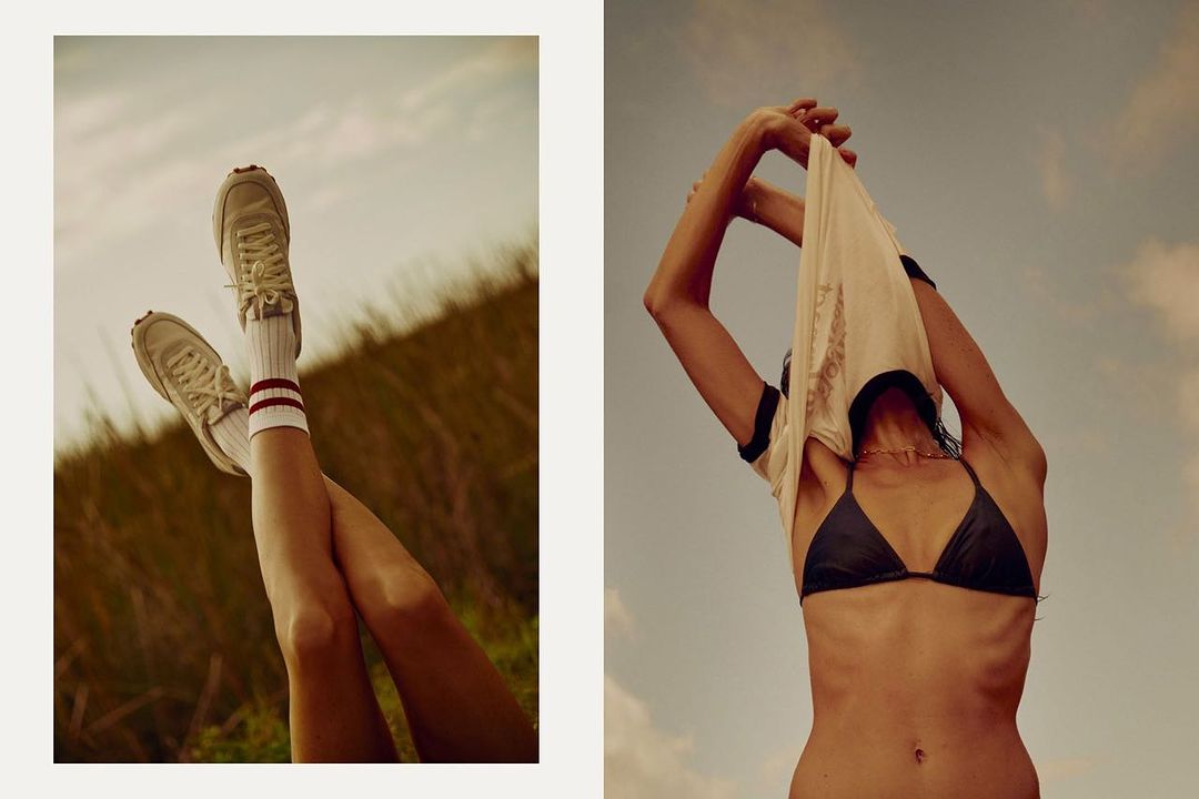 Diptych image featuring crossed legs in white sneakers and socks on left, and a person taking off a t-shirt on right