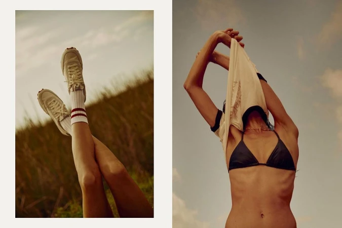 Diptych image featuring crossed legs in white sneakers and socks on left, and a person taking off a t-shirt on right