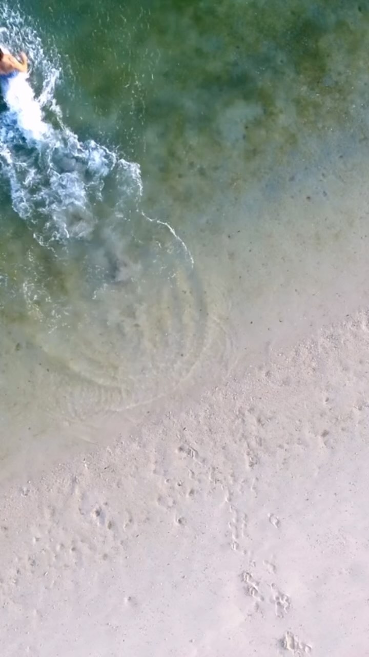 Aerial shot of an adult in clear ocean water near a sandy beach, with visible ripples and the sandy seabed.