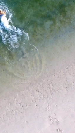 Aerial shot of an adult in clear ocean water near a sandy beach, with visible ripples and the sandy seabed.