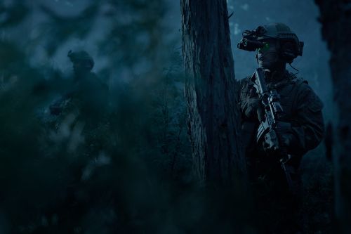 Two military soldiers in a dark forest at night wearing full gear including night vision goggles and holding rifles, standing guard.