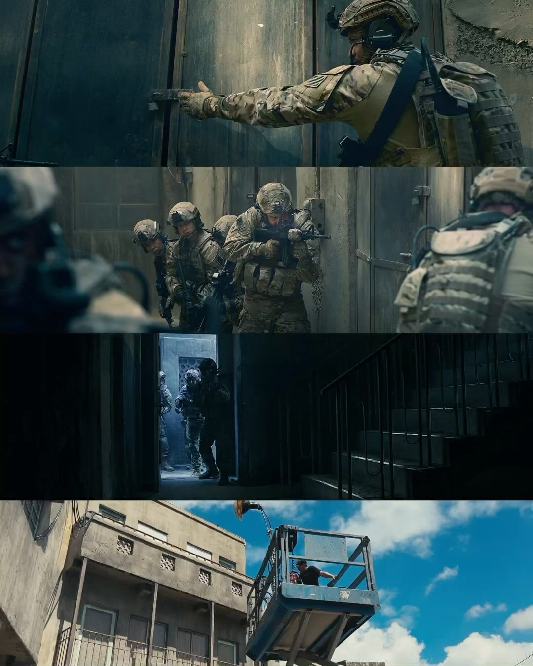 Several frames show armed soldiers in camouflage gear, entering buildings and operating a lift against a partly cloudy sky.