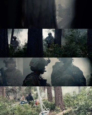 Multiple images showing soldiers in military gear in a forest with visible smoke and support crew near a film set.