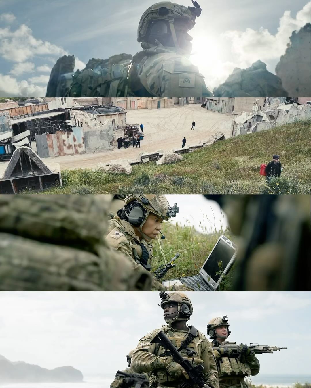 Collage of military personnel in combat gear in varied environments, including a desert area and grassy terrain, under overcast skies.