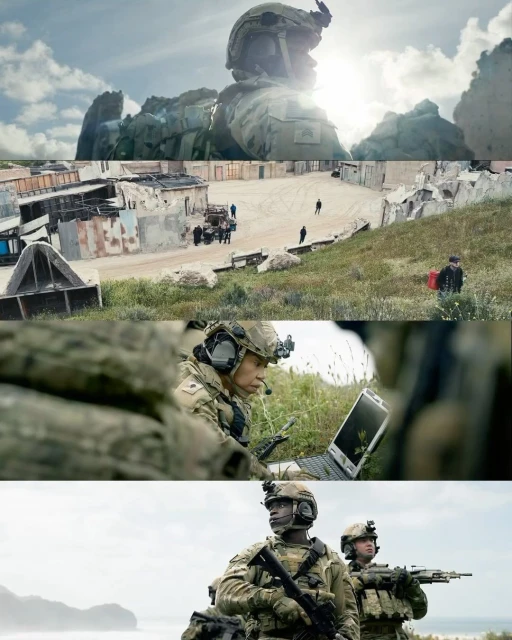 Collage of military personnel in combat gear in varied environments, including a desert area and grassy terrain, under overcast skies.