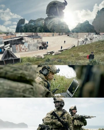 Collage of military personnel in combat gear in varied environments, including a desert area and grassy terrain, under overcast skies.