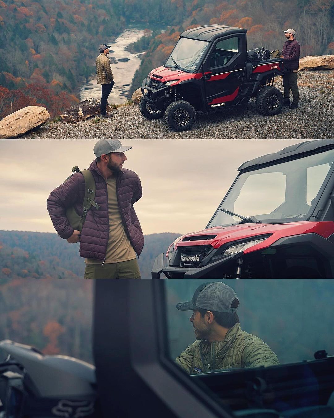 Two adult males pose by a red Kawasaki UTV overlooking a river gorge with autumnal trees. One man stands near the vehicle.