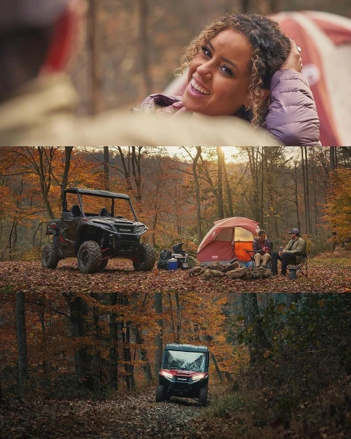 Woman relaxing near a tent, off-road vehicle, and people gathered around a campfire in a forest setting during the autumn season.