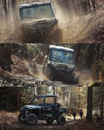 UTV vehicle driving through a muddy, wooded area. Action shot of the off-road vehicle in nature, Kawasaki brand, sunny day.