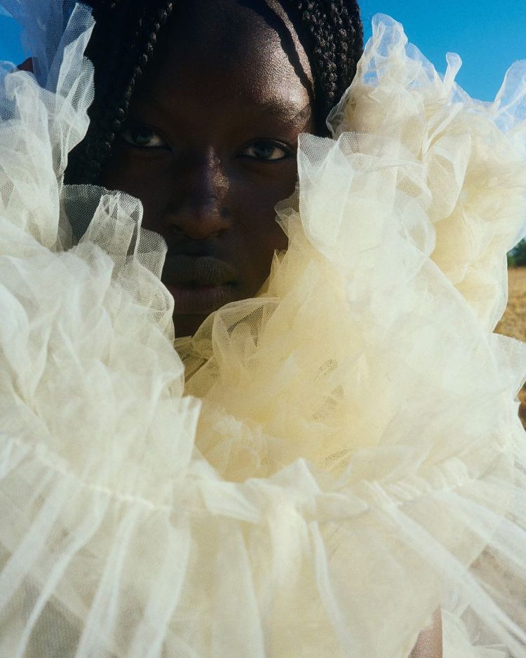 Close-up portrait of a Black woman with braided hair, framed by a voluminous ruffled cream-colored tulle garment against a blue sky and field.